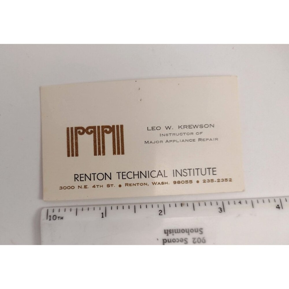 Vintage Renton Technical Institute Business Card Leo Krewson Appliance Repair